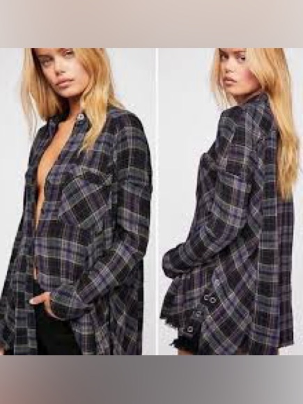 Free People Plaid Button-Up Shirt - Purple & Black Size S - Picture 2 of 7